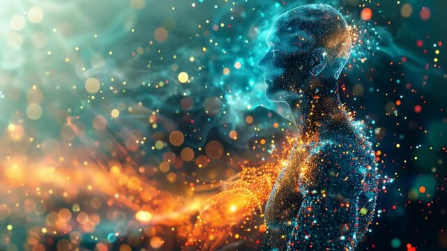 Vital life longevity concept. A cosmic silhouette blends with vibrant colors and sparkling elements, creating a mystical representation of the universe and existence.