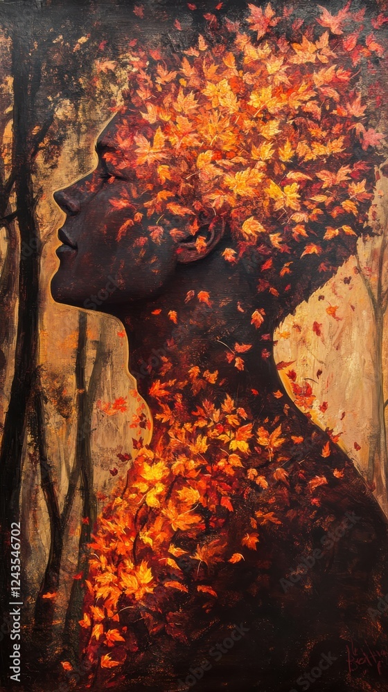 Poster mystical profile of a man embodying autumn foliage against a forest backdrop at twilight