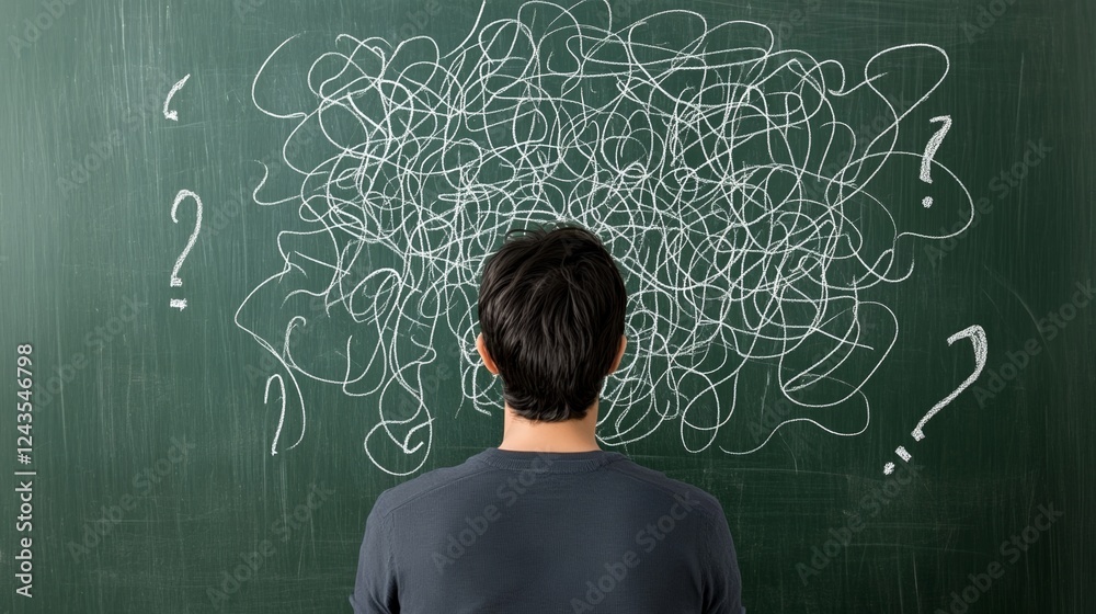 Aufkleber Rear view of a student looking at a chalkboard with messy lines and question marks representing his fobo, fear of better option, a modern anxiety related to decision making