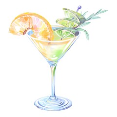 Alcoholic Drink In A Tall Martini Glass, Garnished With A Slice Of Pineapple And Lime, Sprig of Rosemary, Watercolor Illustration On A White Background, Tropical Bar. High quality composition