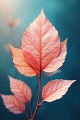 Fototapeta premium Abstract peach leaf shapes with veins on blue background, abstract foliage, soft focus