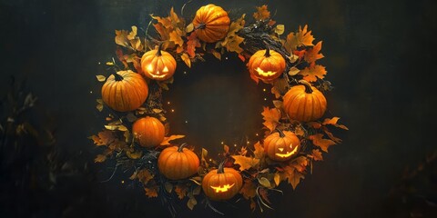 Halloween Jack O Lantern Pumpkin Wreath Autumn Leaves