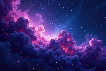 Obraz premium Dark blue background with swirling purple and pink gas clouds and twinkling stars, nebula, interstellar medium, cosmic dust