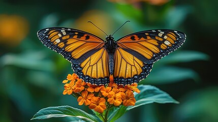 Fototapeta premium Orange Butterfly Wings Spread on Flowers