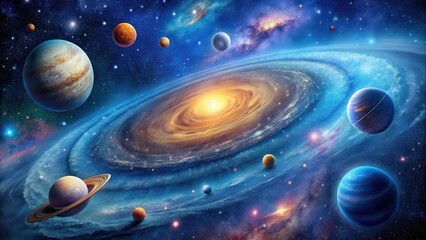 A celestial canvas with a stunning starry night sky filled with swirling galaxies and vibrant planets against a deep indigo background , stargazing, galaxy