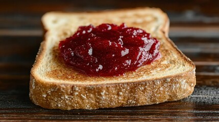 A slice of toasted bread topped with vibrant red jam, placed on a rustic wooden surface, evoking a cozy breakfast scene