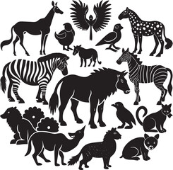Black and White Silhouettes of Various Wild Animals