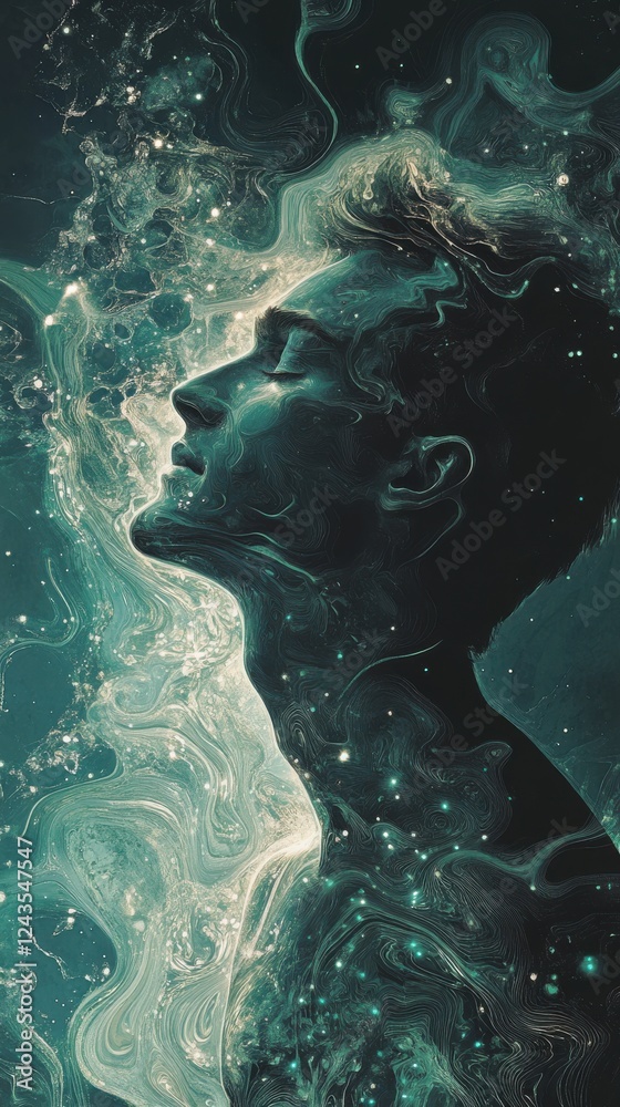 Aufkleber mystical profile of a man filled with mesmerizing cosmic patterns and ethereal colors at twilight