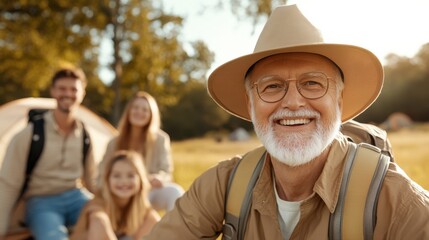 elderly man in a hat and glasses smiles at the camera. He is surrounded by children in nature. family vacation with a tent in the forest. active vacations of grandchildren and grandparents, hobbies