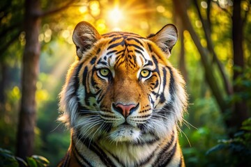 Fototapeta premium Majestic Bengal Tiger Portrait in Lush Forest, Rule of Thirds Composition