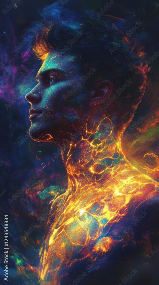 Poster mystical depiction of a man's profile illuminated by vibrant cosmic colors and energies in an ethere