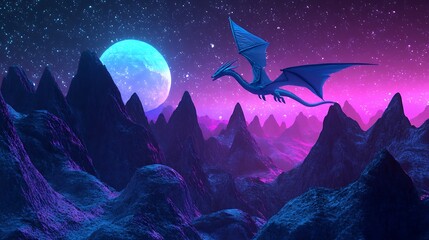 Fototapeta premium A holographic dragon flying over a digital landscape with neon mountains