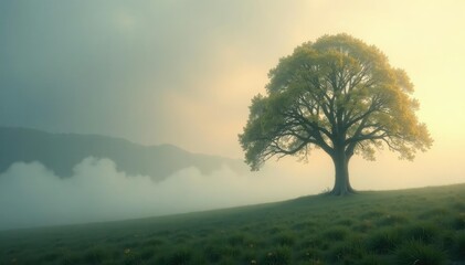 Fototapeta premium Ethereal wisps of fog curl around a solitary tree, atmosphere, texture