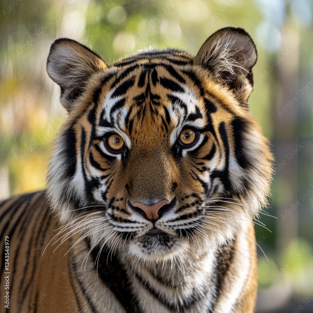 Poster close-up view of a tiger's face showcasing sharp features and vibrant colors in natural habitat