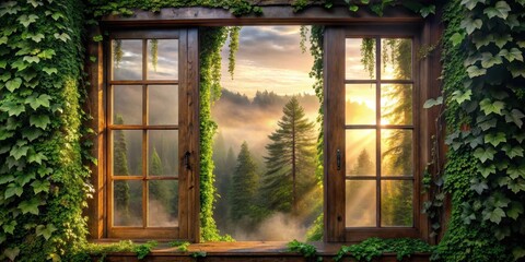 Obraz premium A serene wooden window with ivy climbing up the frame, overlooking a misty forest landscape at dawn, surrounded by tall trees and lush greenery, Peaceful Window, Forest Landscape