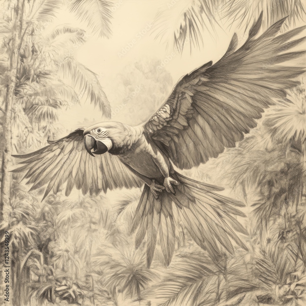 Aufkleber macaw soars through a lush rainforest with its vibrant wings wide open in search of food and adventu