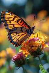 Obraz premium Vibrant butterfly perched on colorful flowers in sunlight