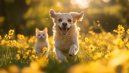 Joyful dog and playful cat running through a sunlit field filled with vibrant yellow flowers during a warm summer day, showcasing happiness and friendship