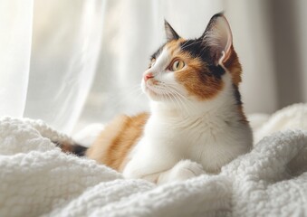 Lovely Calico Cat Relaxing on Cozy White Blanket by Window with Natural Light and Soft Focus Background for Peaceful Atmosphere and Home Decor
