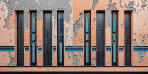Obraz premium Eroded Building Exterior with Repeating Vertical Elements Architectural Detail Vintage Tone