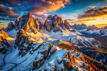 Obraz premium Majestic Dolomites Aerial View: Snow-Capped Peaks & Italian Alps Landscape