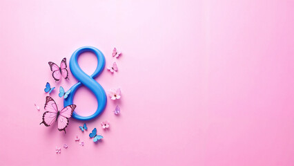 Colorful butterflies surround a large paper number eight on a soft pink background for a festive mood. March 8, Women's Day