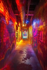 Fototapeta premium Colorful graffiti hallway, urban art, glowing lights, industrial background, nightlife