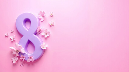 Colorful butterflies surround a large paper number eight on a soft pink background for a festive mood. March 8, Women's Day