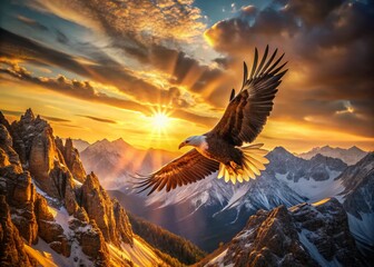 Majestic Eagle Soaring Over Dramatic Mountain Landscape at Sunrise