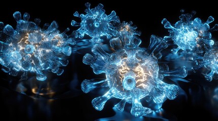 Obraz premium Blue Glowing Virus Model with Light Effects on Dark Background