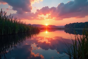 Sunset reflections on still lake with tall reeds, peaceful, water, serene