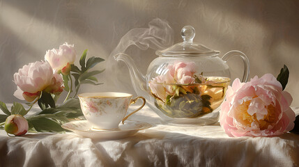 A serene scene of floral tea brewing, delicate peonies surrounding a glass teapot and porcelain teacup.