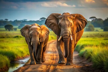 Fototapeta premium Majestic Elephants Trekking Through Mud, African Savanna Landscape