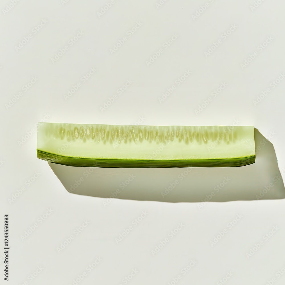 Poster Fresh green cucumber sliced lengthwise showcasing its crisp texture on a neutral background