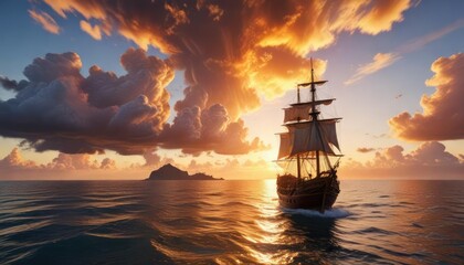 Obraz premium Un cielo dorado con atardecer rodeado por nubes pesadas y un gran barco pirata a la vista, sunset, cloudy, golden sky