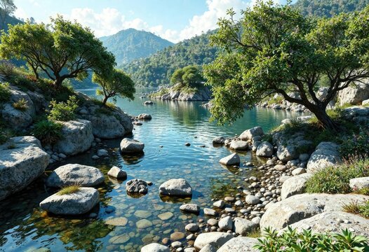 Un lago con rocas y piedras en el fondo, rodeado de vegetaci&oacute;n y arbolado, tranquilidad, cristalina agua, sombra