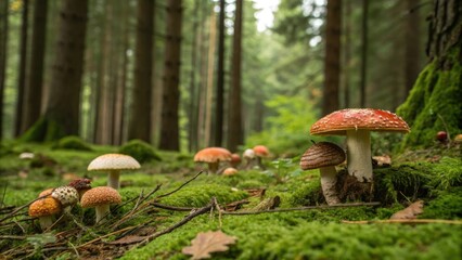 Variety of wild mushrooms growing in a forest, wild mushrooms, fungi