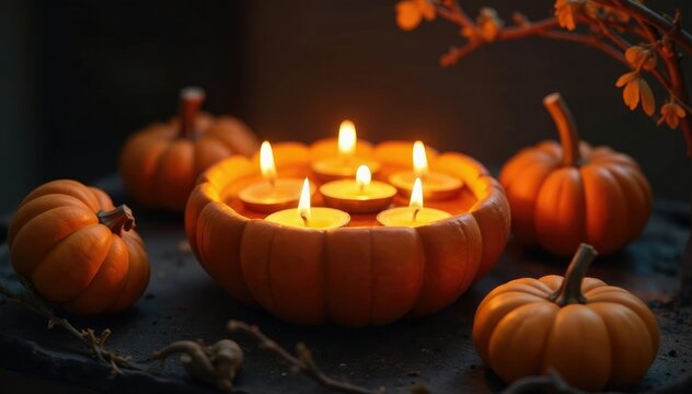 Velas encendidas en una calabaza, rodeada de ramas secas y hojas ca?das, cozy, pagan altar, warm