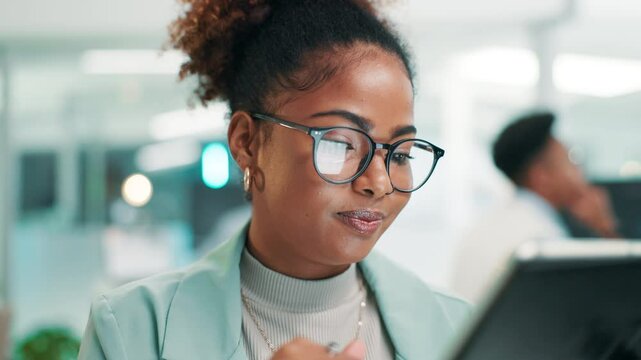 Business woman, web designer or browsing with tablet for app development or UX at office. Female person, employee or software developer with smile on technology for online testing, UI or AI research