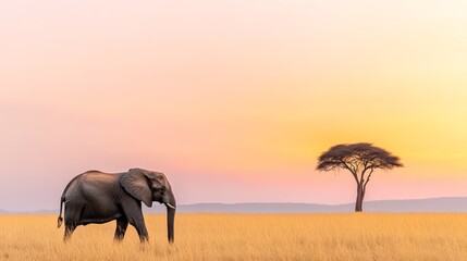 Fototapeta premium Majestic elephant walking gracefully through the savannah at sunset, with a stunning acacia tree silhouetted against a vibrant orange and pink sky, creating a serene atmosphere