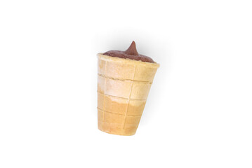 Chocolate ice cream in waffle cup isolated on white background.