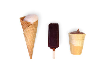 Set of ice cream scoops in waffle cup and cone, popsicle ice cream with chocolate coating isolated on white background.