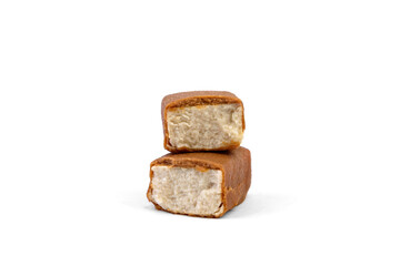 Glazed cheese in caramel chocolate isolated on white background.