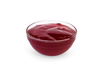 Glass bowl of strawberry jam isolated on white background.