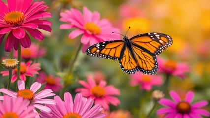 Vibrant petals of colorful flowers sway gently in the breeze as a monarch butterfly flutters by, its wings a stunning mosaic of orange and black, flower field, butterfly garden, black butterfly