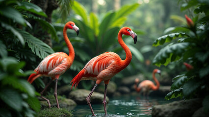 Obraz premium Colorful flamingos wade through lush tropical foliage in a serene oasis during the early morning hours