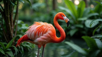 Fototapeta premium Colorful flamingos wade through lush tropical foliage in a serene oasis during the early morning hours