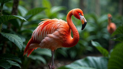 Fototapeta premium Colorful flamingos wade through lush tropical foliage in a serene oasis during the early morning hours