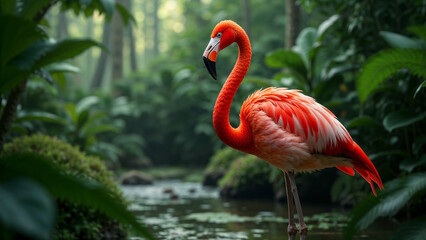 Colorful flamingos wade through lush tropical foliage in a serene oasis during the early morning hours