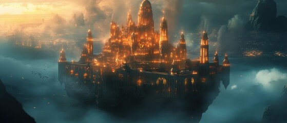 Majestic floating city with glowing structures above clouds during sunset